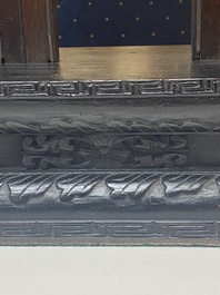 A Chinese seven-fold wooden table screen with painted marble plaques, 19th C.