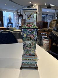 A square Chinese famille rose vase and stand with gilt bronze mount, Yongzheng