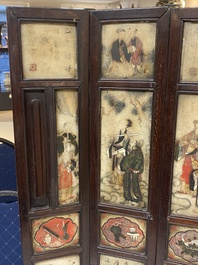 A Chinese seven-fold wooden table screen with painted marble plaques, 19th C.