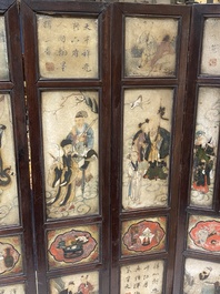 A Chinese seven-fold wooden table screen with painted marble plaques, 19th C.