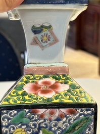 A square Chinese famille rose vase and stand with gilt bronze mount, Yongzheng