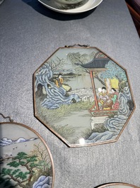 A collection of nine Chinese reverse glass paintings mounted as pendants, 19th C.