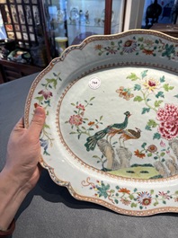 An oval Chinese famille rose dish with birds among blossoming branches, Qianlong
