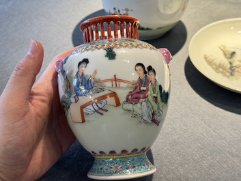 A group of five pieces Chinese famille rose porcelain, Qianlong and Hongxian mark, 19/20th C.