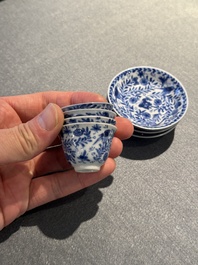 Four Chinese blue and white miniature cups and saucers, butterfly mark, Kangxi