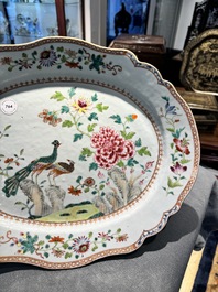 An oval Chinese famille rose dish with birds among blossoming branches, Qianlong