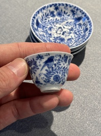 Four Chinese blue and white miniature cups and saucers, butterfly mark, Kangxi