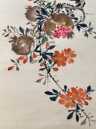 Yan Bolong 顏伯龍 (1898-1955): 'Magpies and pomegranates', ink and colour on paper, dated 1943