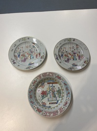 A pair of Chinese famille rose plates with mandarin design and a famille rose 'Xi Xiang Ji' plate, Yongzheng/Qianlong
