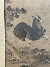 Chinese school: 'Man with two horses', ink and colour on silk, 18/19th C.