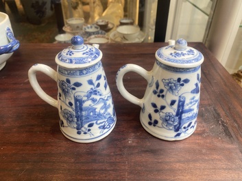 A pair of Chinese blue and white miniature chocolate jugs and three tureens, Qianlong