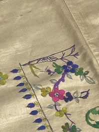 A varied collection of Chinese embroidered silk cloths, a fan-cover and 'rank badges', 19th C.