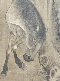 Chinese school: 'Man with two horses', ink and colour on silk, 18/19th C.