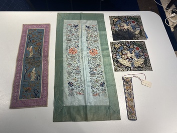 A varied collection of Chinese embroidered silk cloths, a fan-cover and 'rank badges', 19th C.