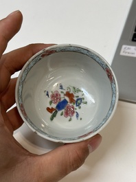 Four Chinese famille rose cups and three saucers with floral design, Yongzheng