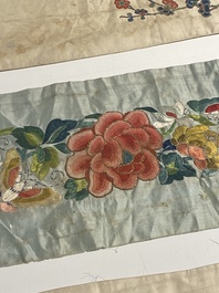 A varied collection of Chinese embroidered silk cloths, a fan-cover and 'rank badges', 19th C.