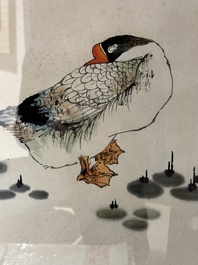 Wang Tianyi 王天一 (1926-2013): 'Goose and calligraphy', ink and colour on paper, dated 1990