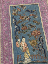 A varied collection of Chinese embroidered silk cloths, a fan-cover and 'rank badges', 19th C.