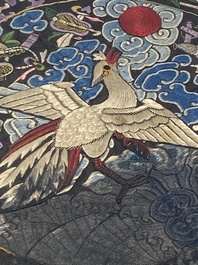 A varied collection of Chinese embroidered silk cloths, a fan-cover and 'rank badges', 19th C.