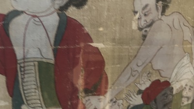 Ecole chinoise: 'Conte populaire', encre et couleur sur soie, 19&egrave;me