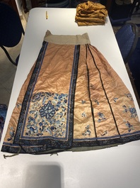 Four Chinese embroidered silk skirts and three yellow 'magua' jackets, 19/20th C.