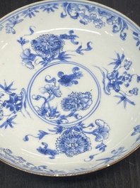 A pair of Chinese famille rose dishes, three blue and white plates and a 'kraak' porcelain 'klapmuts' bowl, Wanli and Qianlong
