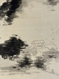 Navolger van Qi Gong 启功 (1912-2005): 'Bergachtig landschap' en Zhang Daqian 張大千 (1899-1983): 'Kalligrafie', inkt op papier