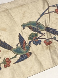 A varied collection of Chinese embroidered silk cloths, a fan-cover and 'rank badges', 19th C.