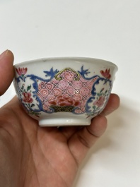 Four Chinese famille rose cups and three saucers with floral design, Yongzheng