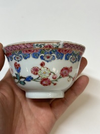 Four Chinese famille rose cups and three saucers with floral design, Yongzheng