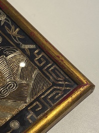 A varied collection of Chinese embroidered silk cloths, a fan-cover and 'rank badges', 19th C.