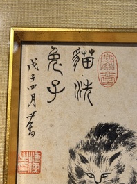 Pu Xinyu 溥心畬 (1896-1963): 'Kat en konijn' en Wu Xizeng 吳熙曾 (1904-1972): 'Landschap', inkt en kleur op papier