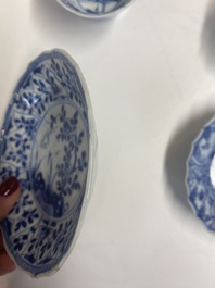 Nine Chinese blue and white, famille rose and Imari-style cups and saucers, Kangxi/Qianlong