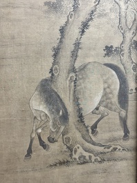 Chinese school: 'Man with two horses', ink and colour on silk, 18/19th C.