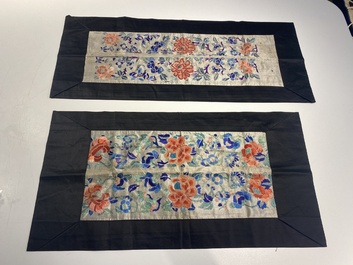 A varied collection of Chinese embroidered silk cloths, a fan-cover and 'rank badges', 19th C.
