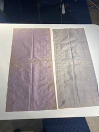 A varied collection of Chinese embroidered silk cloths, a fan-cover and 'rank badges', 19th C.