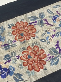 A varied collection of Chinese embroidered silk cloths, a fan-cover and 'rank badges', 19th C.