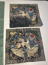 A varied collection of Chinese embroidered silk cloths, a fan-cover and 'rank badges', 19th C.