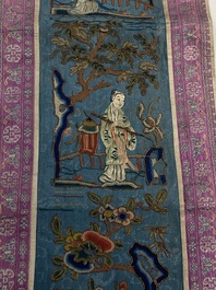 A varied collection of Chinese embroidered silk cloths, a fan-cover and 'rank badges', 19th C.