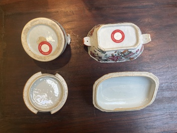 Trois assiettes, un beurrier et une soupi&egrave;re couverte en porcelaine de Chine famille rose, Qianlong