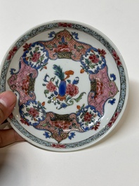 Four Chinese famille rose cups and three saucers with floral design, Yongzheng