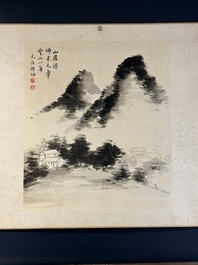 Navolger van Qi Gong 启功 (1912-2005): 'Bergachtig landschap' en Zhang Daqian 張大千 (1899-1983): 'Kalligrafie', inkt op papier