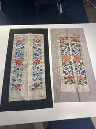 A varied collection of Chinese embroidered silk cloths, a fan-cover and 'rank badges', 19th C.