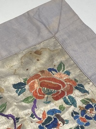 A varied collection of Chinese embroidered silk cloths, a fan-cover and 'rank badges', 19th C.