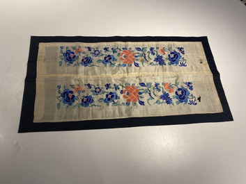 A varied collection of Chinese embroidered silk cloths, a fan-cover and 'rank badges', 19th C.