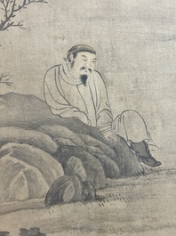 Chinese school: 'Man with two horses', ink and colour on silk, 18/19th C.