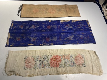 A varied collection of Chinese embroidered silk cloths, a fan-cover and 'rank badges', 19th C.