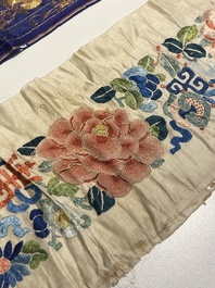 A varied collection of Chinese embroidered silk cloths, a fan-cover and 'rank badges', 19th C.
