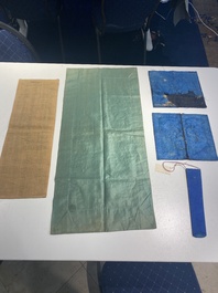 A varied collection of Chinese embroidered silk cloths, a fan-cover and 'rank badges', 19th C.