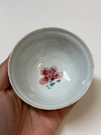 Four Chinese famille rose cups and three saucers with floral design, Yongzheng